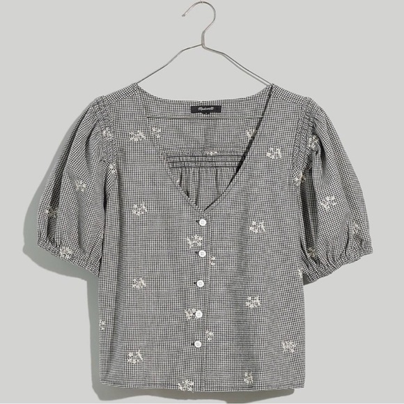 Madewell Tops - Madewell Black Gingham Floral Blouse S Embroidered Puff Sleeve Cottagecore Top